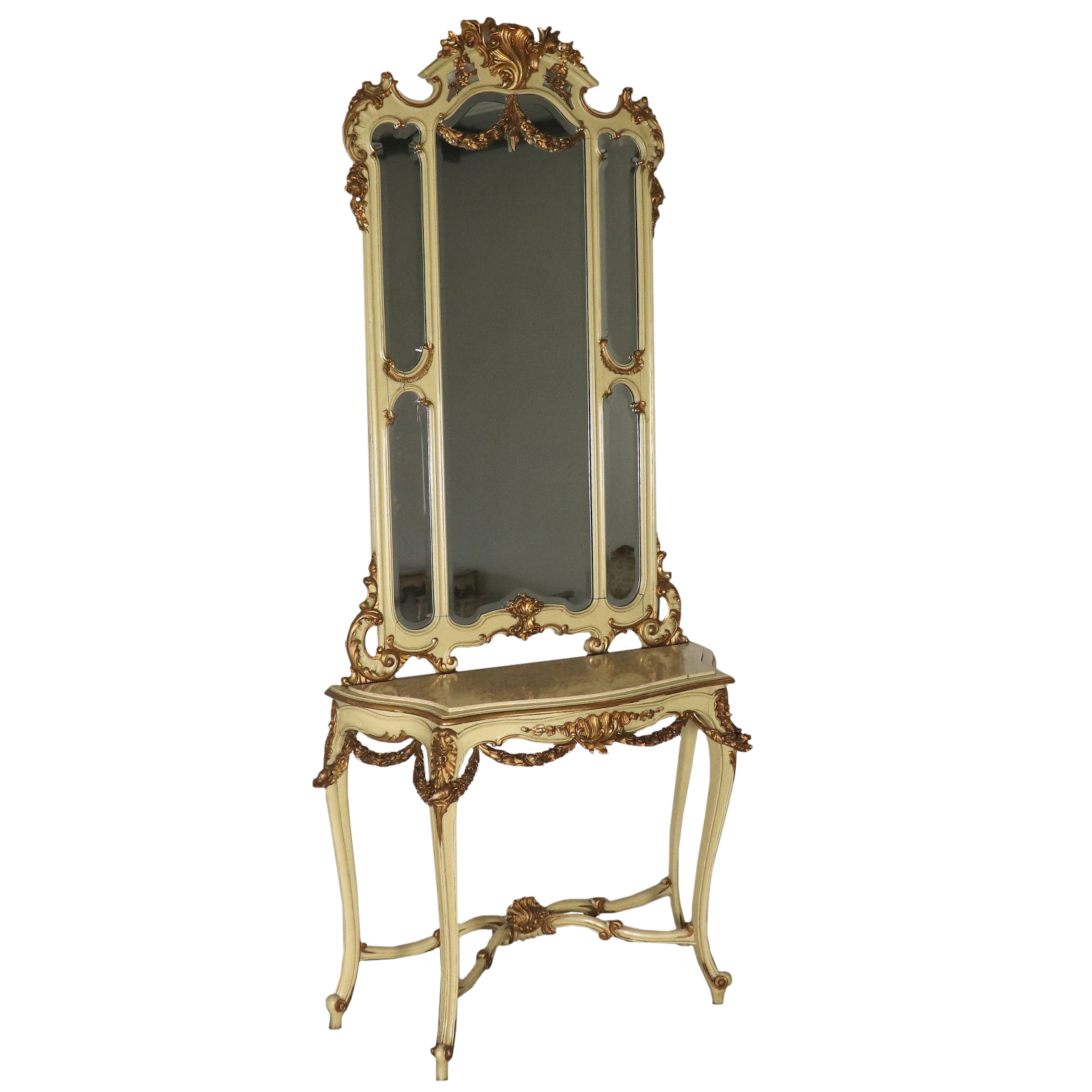 Revival Console With Mirror Marble Top Italy 20th Century