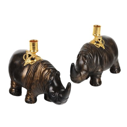 Pair of Rhinoceroses Candle-Holder J. Luc Maisiere '900 Plaster