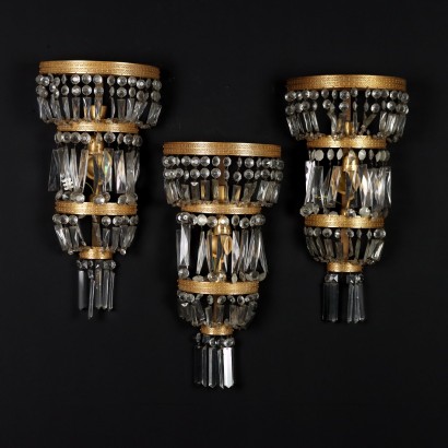 Group of 3 Wall Lamps Crystal Brass Italy XX Century