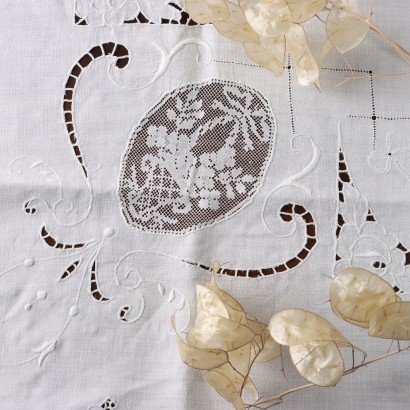 Ancient Tablecloth with Filet Inserts '900 White Flax
