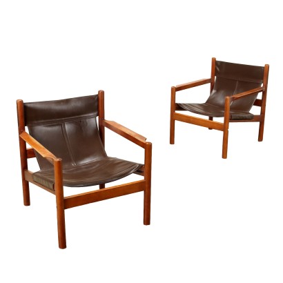 Paar Vintage Sessel aus Buchenholz und Leder Italien der 60er Jahre