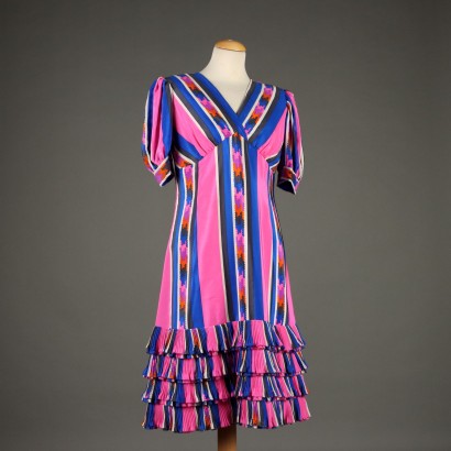 Vintage Kleid aus Blaue und Fuchsia Seide Gr. M/L der 80er Jahre