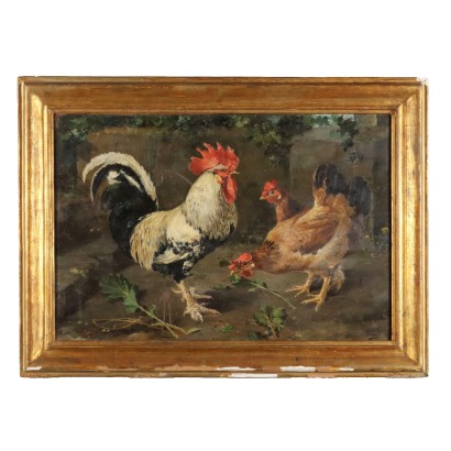 Escena de gallinero pintada
