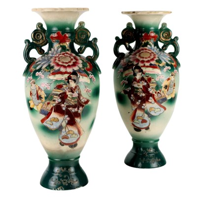 Paar Antike Vasen aus Keramik Japan Erste Mitte des XX Jhs