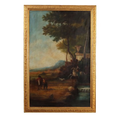 Antikes Gemälde mit Landschaft Öl auf Holzbrett 1930 ca.