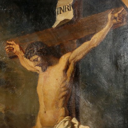 arte, arte italiana, pittura novecento italiana,Dipinto con Cristo Crocifisso e Santi