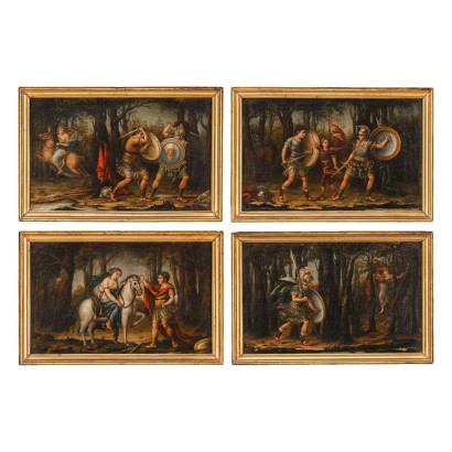 Kunst, italienische Kunst, antike italienische Malerei, Gruppe von vier Gemälden mit Szenen aus