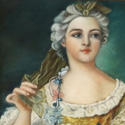 Antique Painting '800 Portrait of a Young Dame Crayons on Cardboard