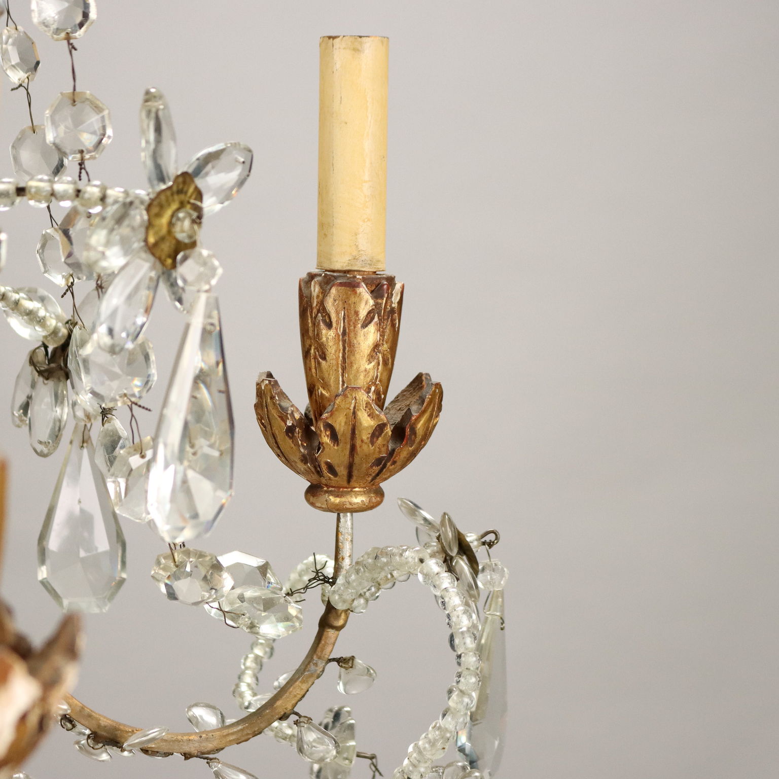 Ancient Chandelier Early XX Century Gilded Wood Metal Glass