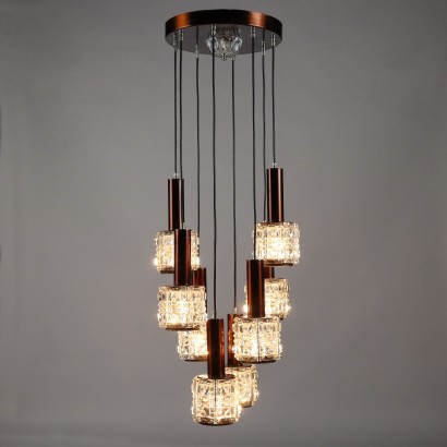 Vintage Chandelier 8 Lights Aluminium Metal Glass Italy 1960s-1970s