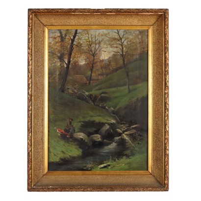 Antique Painting with Mountain Landscape Oil on Canvas 1894
