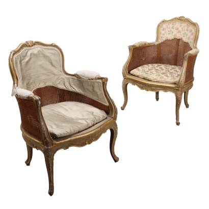 Pair of Antique Rococo Style Armchairs Painted Wood XX Century