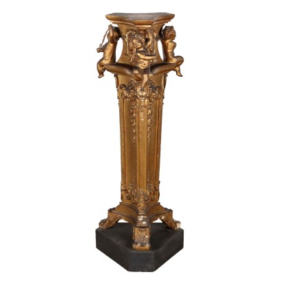 Antique Baroque Style Tripod Column Gilded Wood XX Century