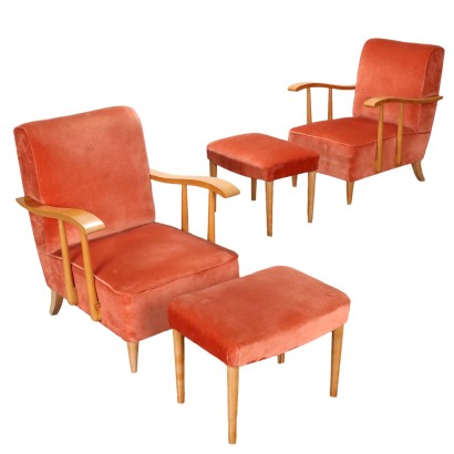 Pair of Vintage 1980s Armchairs with Footrests Fabric Wood