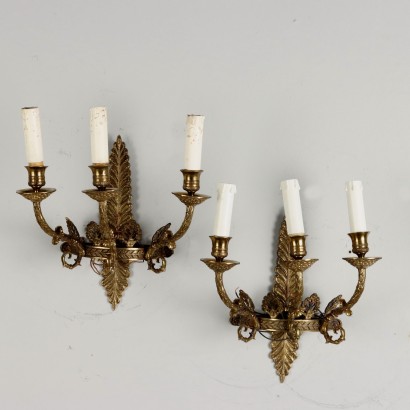Paar Antike Wandlampe aus Vergoldetem Holz Italien des XX Jhs