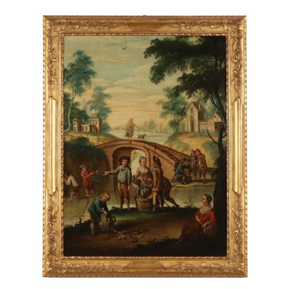 Antikes Gemälde mit Landschaft Öl auf Leinwand XVIII Jhd