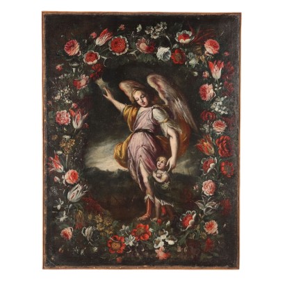 Painted Guardian Angel in a Garland of Flowers