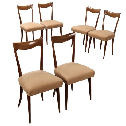 Group of 6 Vintage 1950s Chairs Wood Fabric Italy