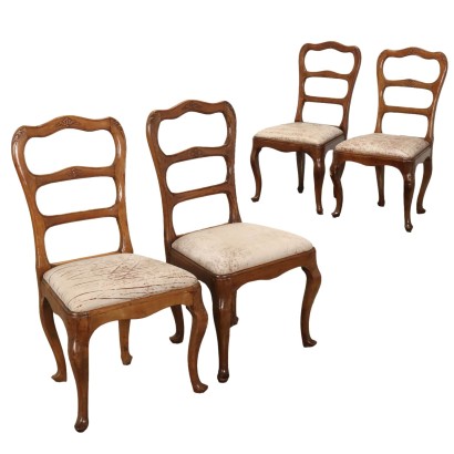 Group of 4 Antique Baroque Chairs Walnut Italy XVIII Century