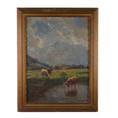 Antique Painting Signed G. Riva Mountain Landscape 1917