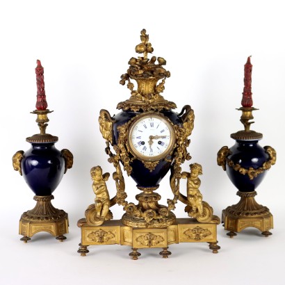 Reloj Tríptico Bardon de Bronce Dorado y Porcelana