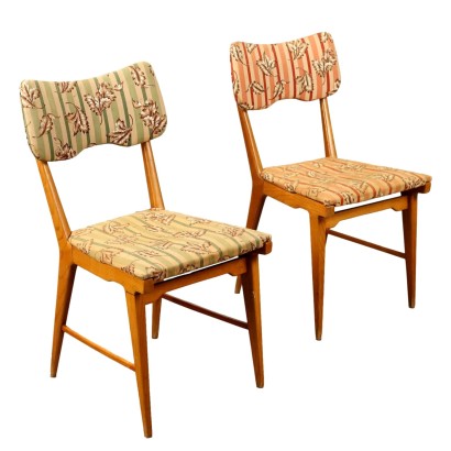 Pair of Vintage 1950s Chairs Beech Fabric Italy