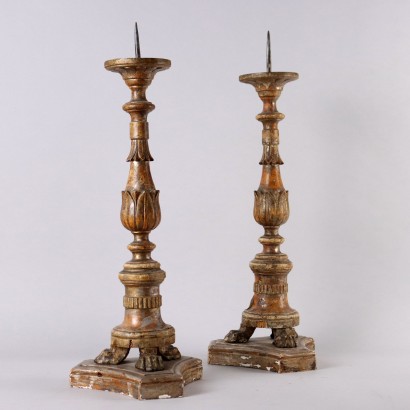 Antiguos Candelabros Imperio Madera Dorada Tallada Italia Siglo XIX