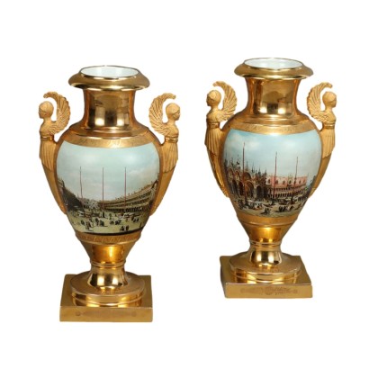 Antique Vases Empire Style Painted Porcelain Italy XX Century