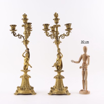 Coppia di Candelabri in Bronzo Dorato