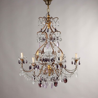 Antique Chandelier Glass Gilded Wood Italy XX Century