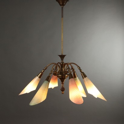 Vintage Ceiling Lamp Glass Brass Italy 1950s