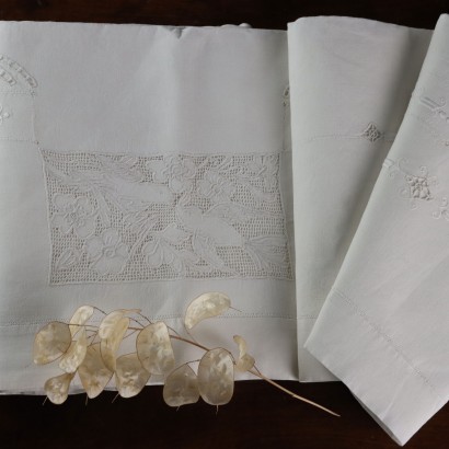 Antique Double Bed Sheet Linen Decorations Italy XX Century