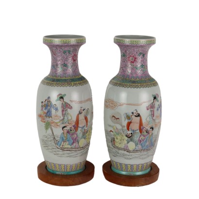 Antique Vases Painted Porcelain Wood Italy XX Century