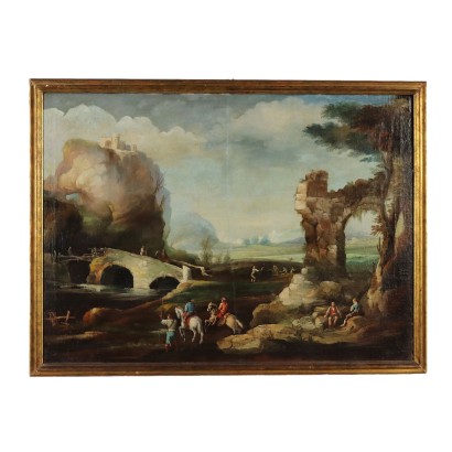 Pintura Antigua Paisaje Ruinas Óleo sobre Lienzo '700-'800