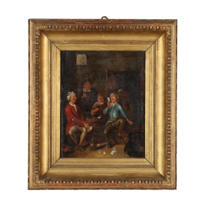 Pintura Antigua Escena Interior Óleo sobre Lienzo Siglo XIX