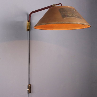 Vintage Wall Lamp Brass Paper Leather Italy 1950s