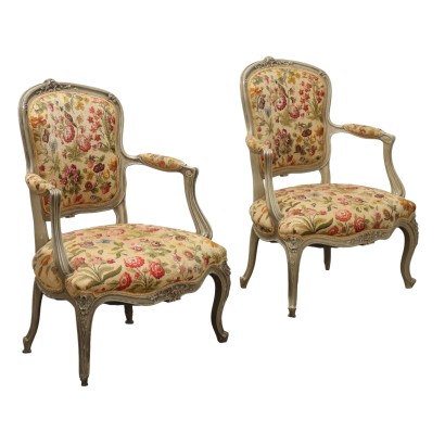 Antique Armchairs Rococo Style Fabric Lacquered Wood XX Century