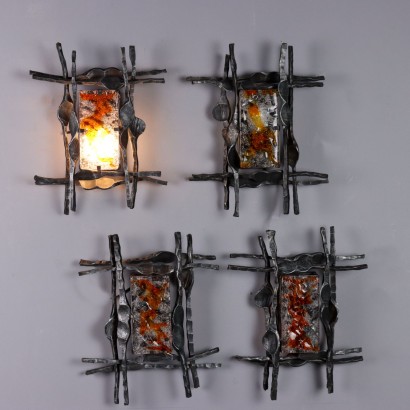 Vintage Wall Lamps Glass Wrought Iron Italy 1950s-1960s