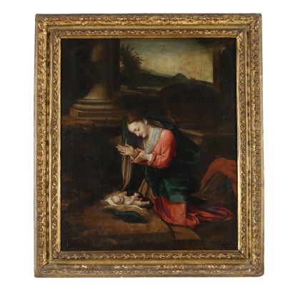 Peinture de la Madone en adoration de l'Enfant Jésus