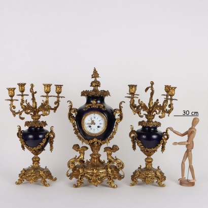 Trittico Orologio in Bronzo e Porcellana