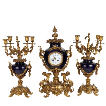 Trittico Orologio in Bronzo e Porcellana