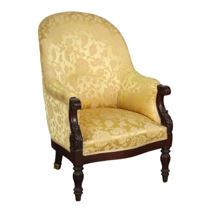 Fauteuil Ancien Restauration Acajou Soie Italie XIXe Siècle