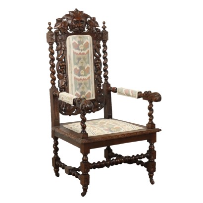 Fauteuil Néo-Renaissance Ancien Chêne Tissu XIXe-XXe Siècle