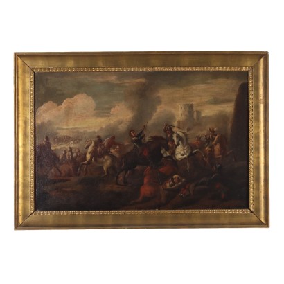 Tableau Ancien Scène de Bataille Huile sur Toile XVIIe Siècle