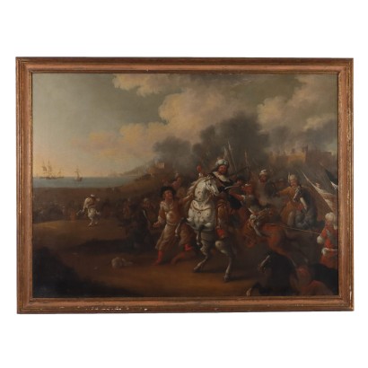 Tableau Ancien Scène de Bataille Huile sur Toile XVIIIe Siècle