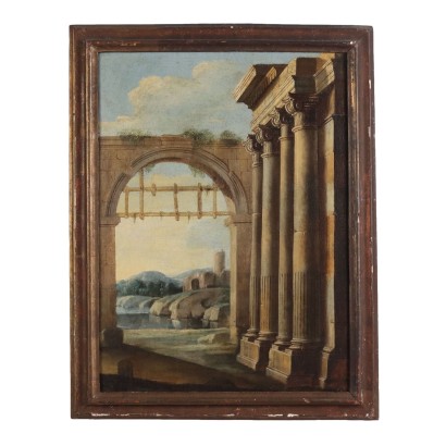 Antique Painting Architecture Oil on Canvas XVIII-XIX Century