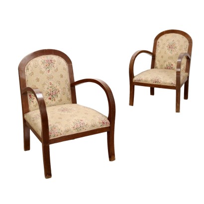 Antique Deco Armchairs Walnut Fabric Italy XX Century