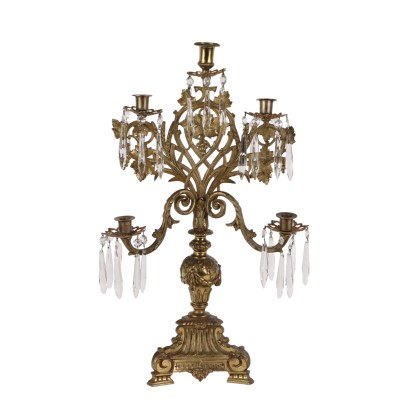 Candelabro in Bronzo Dorato e Pendenti in Cristallo