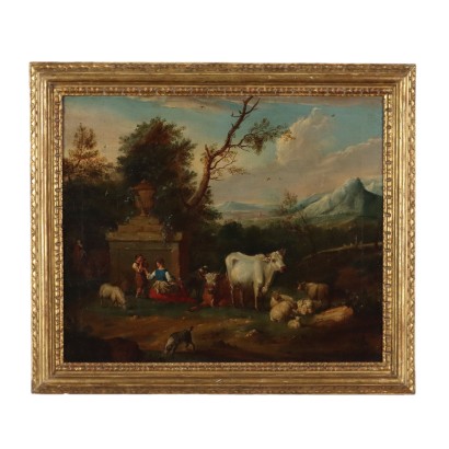 Pintura de paisaje con figuras y rebaños