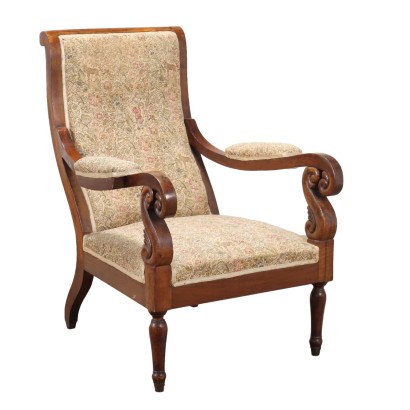 Fauteuil Louis Philippe Ancien Noyer Tissu Italie XIXe Siècle